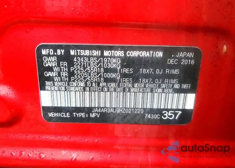 2017 Mitsubishi Outlander Sport Es from USA, damaged, VIN JA4AR3AU9HZ021220